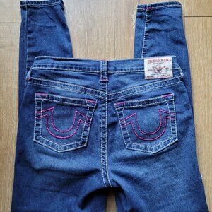 True Religion "Halle High Rise Super Skinny" Pink & White Stitch Jeans